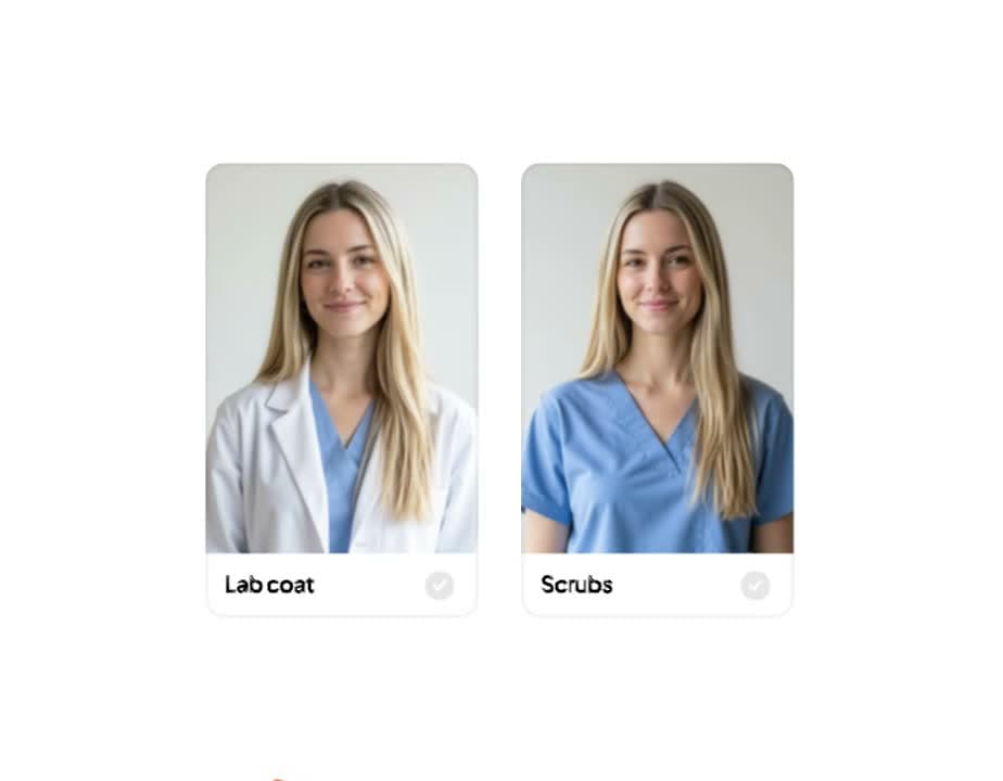 A process poster for the doctor headshot flow, showing step 2 of creating a professional medical portrait.
