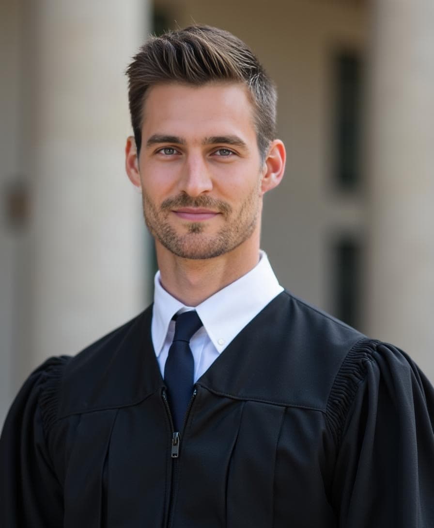 A young man with light stubble in a black graduation gown, white shirt, and navy tie poses for an AI graduation headshot.
