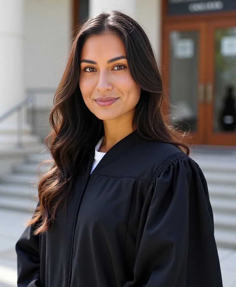 A woman with long wavy dark hair in a black graduation gown smiles before campus doors in an AI academic headshot.