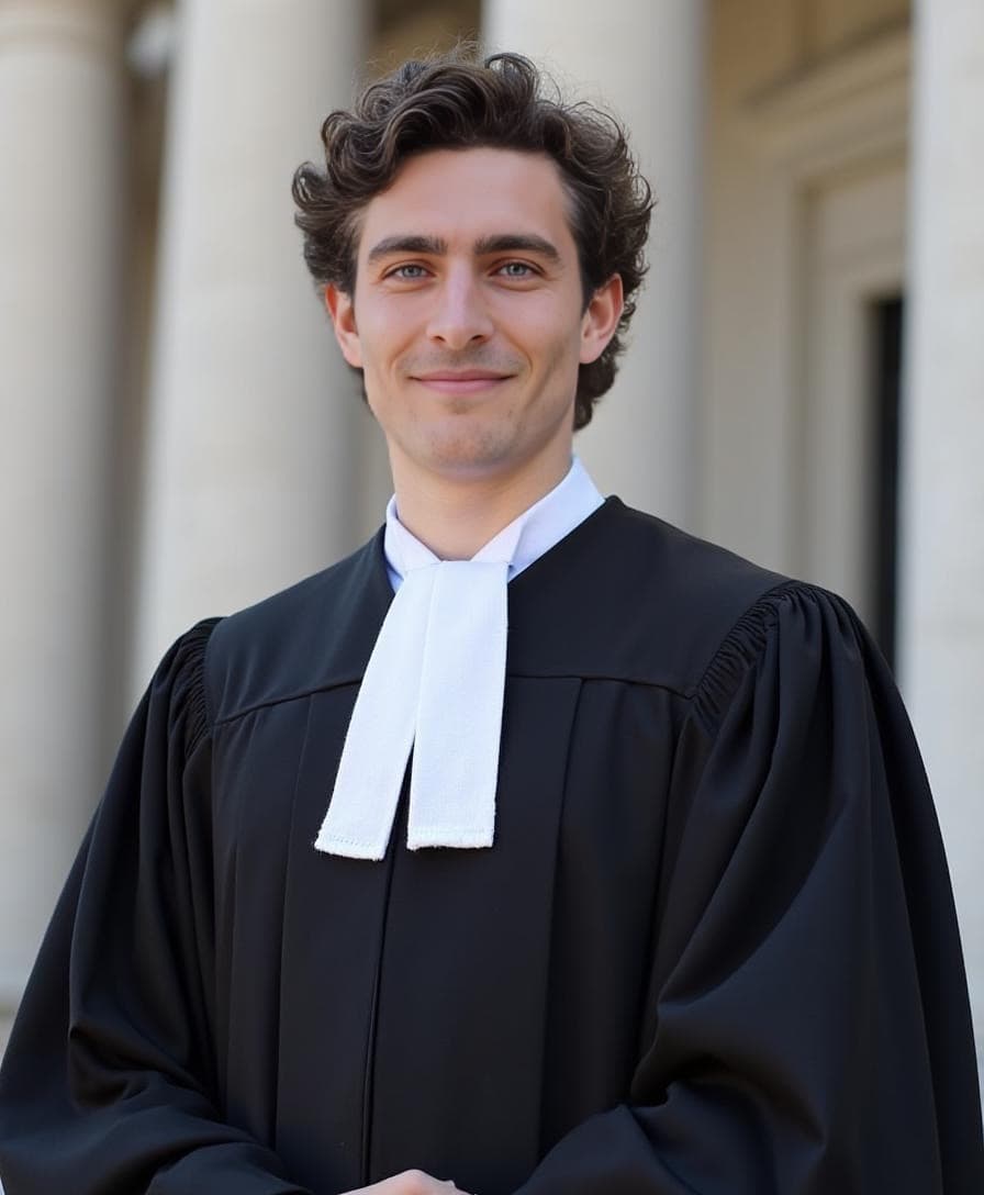 A smiling man with wavy brown hair wears a black legal robe and white tabs before columns in an AI headshot.