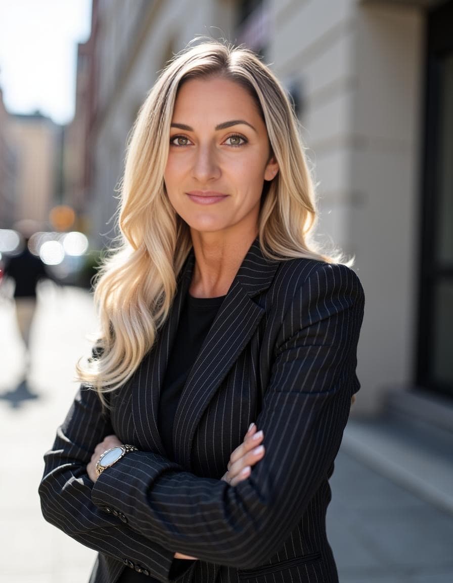 A blonde woman in a black pinstripe blazer crosses her arms on a sunny city sidewalk for a professional AI headshot.