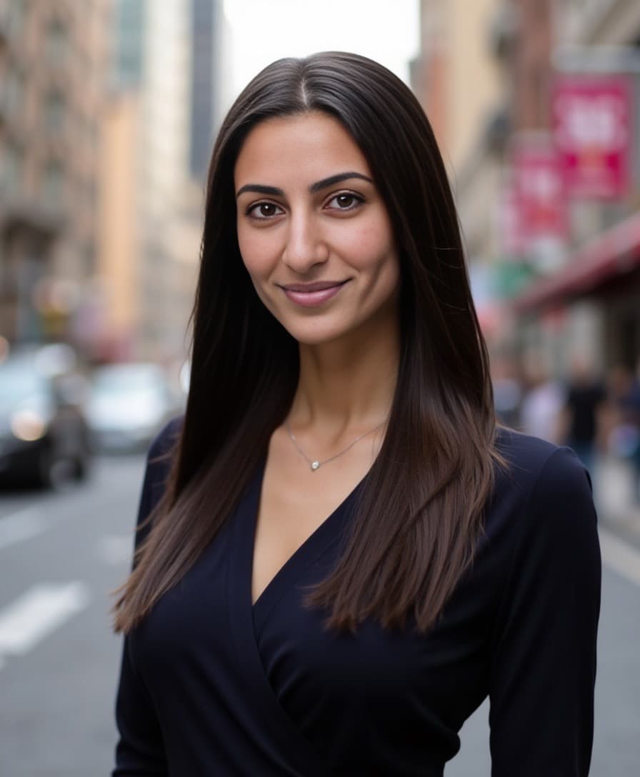 A woman with long dark hair in a navy wrap top and silver pendant poses on a city street for a LinkedIn AI headshot.