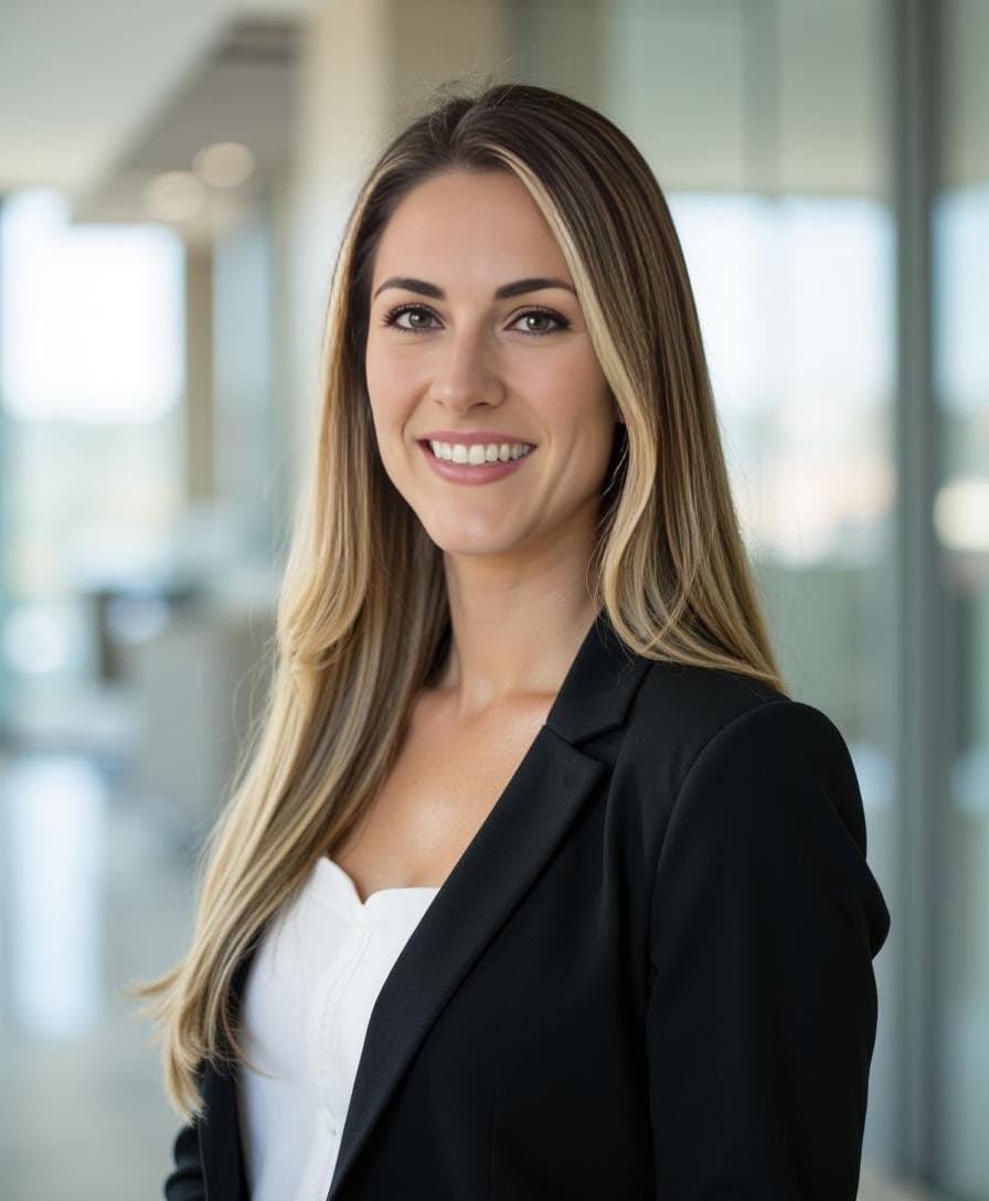 A smiling woman with long blonde hair in a black blazer stands in a bright office hallway for a LinkedIn AI headshot.