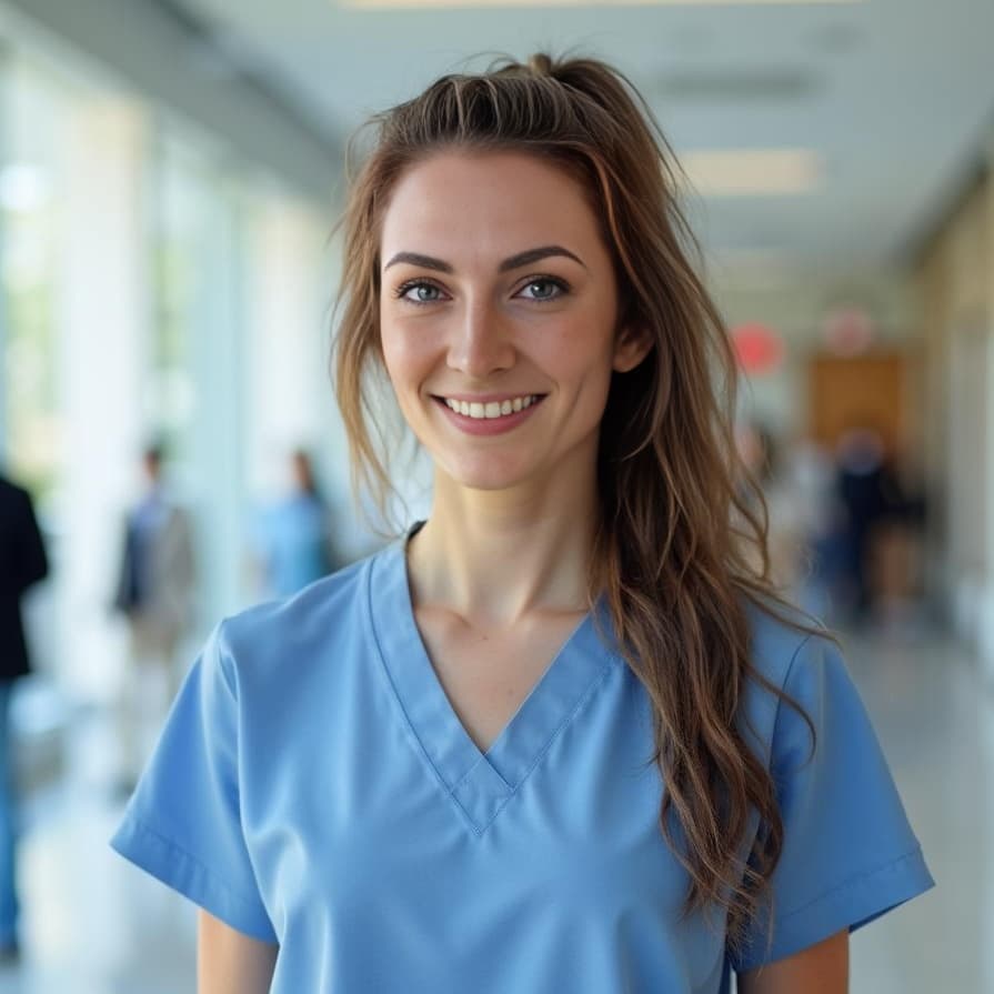 A smiling young woman with long brown hair wears light blue medical scrubs in a bright hospital hallway for Healthcare.