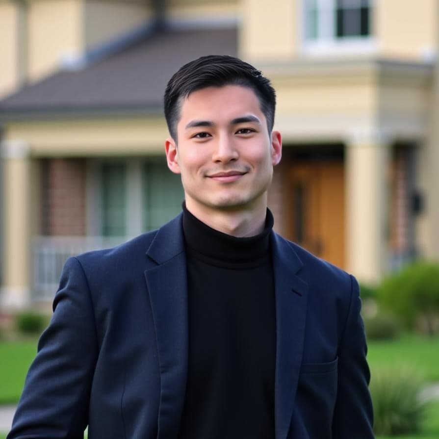 A young man in a navy blazer and black turtleneck smiles before a sunny suburban house for Real Estate headshots.