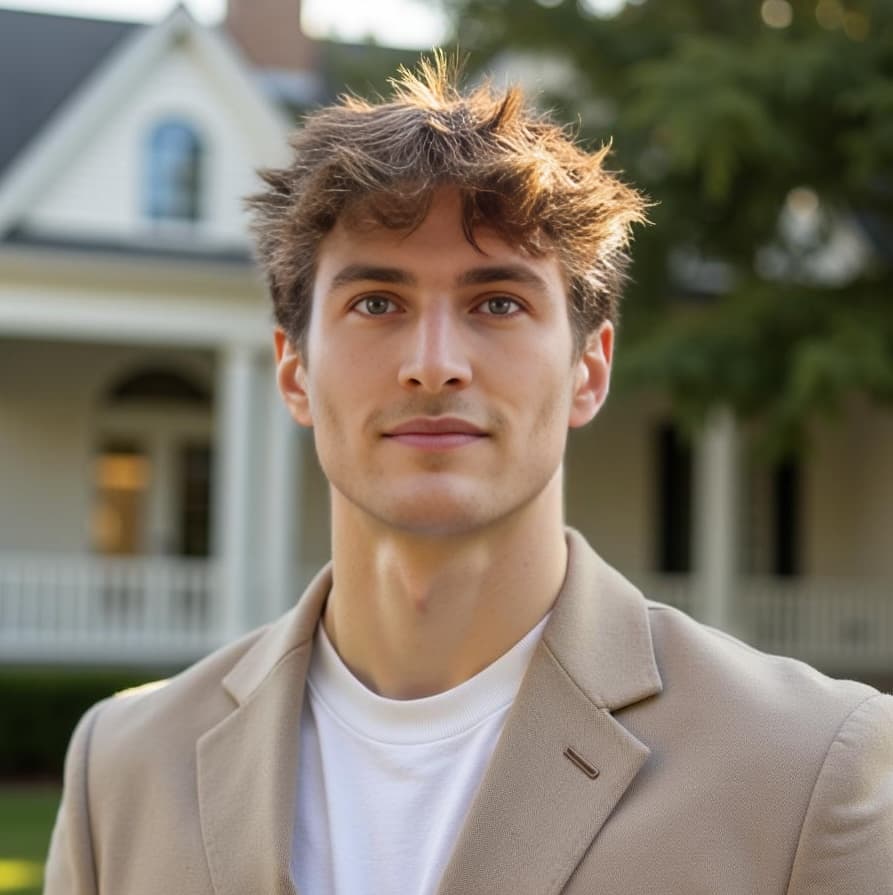 A young man with tousled brown hair wears a tan blazer and white t-shirt before a house for Real Estate headshots.