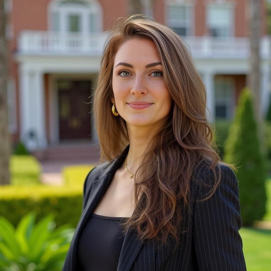A young woman in a black pinstripe blazer and gold jewelry stands before a red brick house for Realtor photos.
