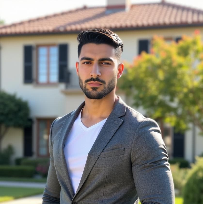 A man with a groomed beard wears a grey blazer and white v-neck before a luxury home for Realtor photos.