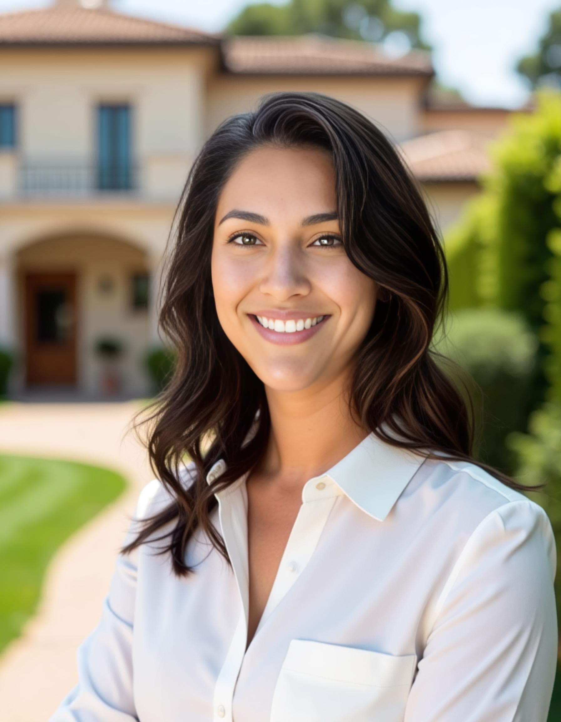 A smiling woman with wavy dark hair wears a white collared shirt before a blurred luxury home for Realtor photos.