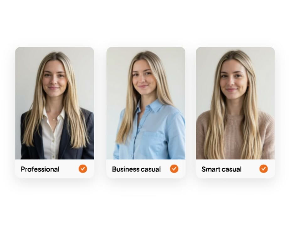 A blonde woman appears in three selected outfit cards labelled Professional, Business casual and Smart casual, showing the attire step of Aragon's headshot process.