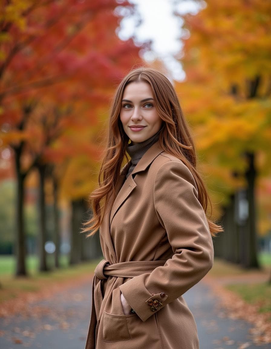 A smiling woman in a belted brown coat stands among red autumn trees for an autumn header gallery.