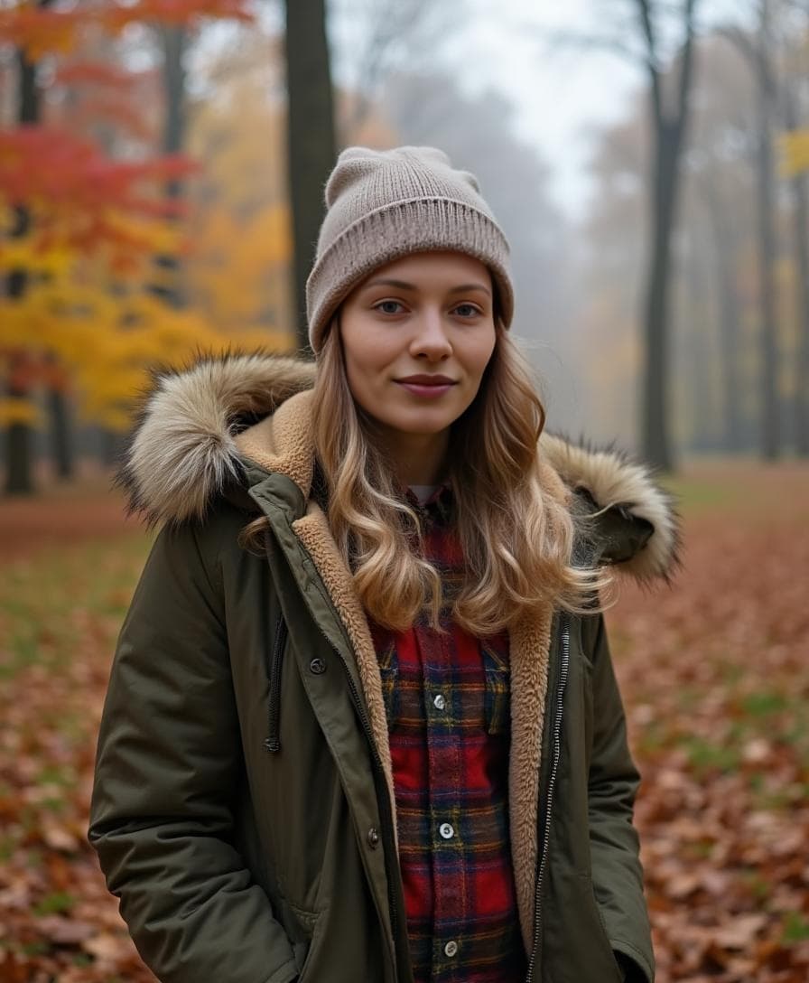 A blonde woman in a beige beanie and olive parka stands in a misty leaf-covered park for an autumn header gallery.
