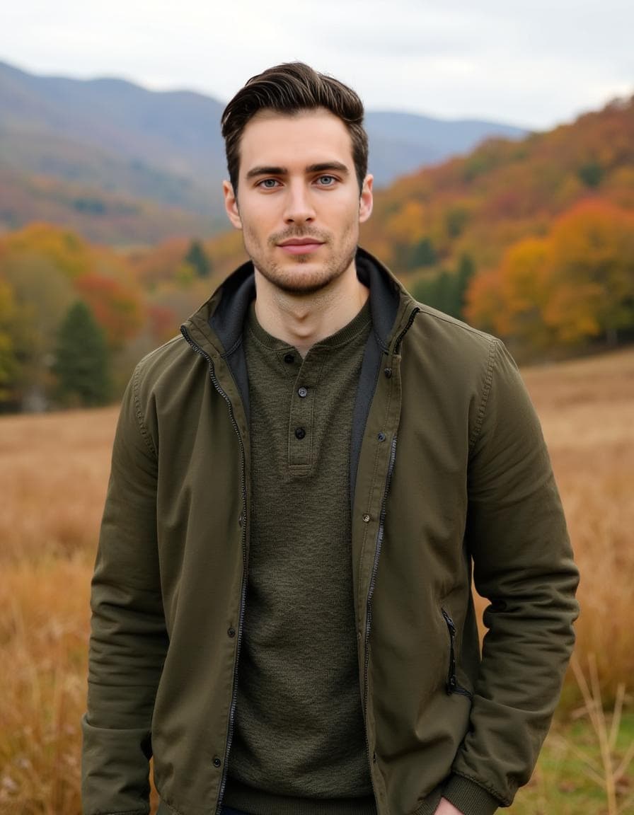A man in an olive jacket over a green henley stands in tall grass for an autumn header gallery portrait.
