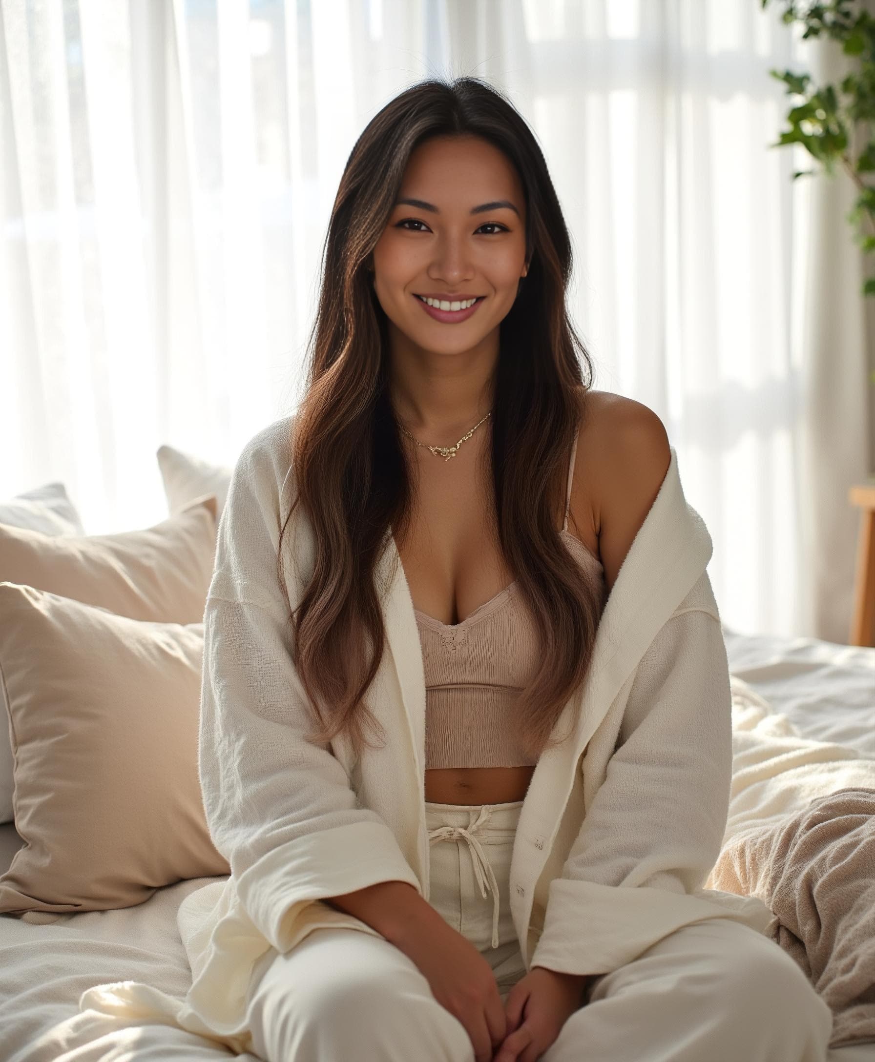 A smiling woman in a cream cardigan and lounge pants sits on a sunlit bed for a cozy home header gallery.