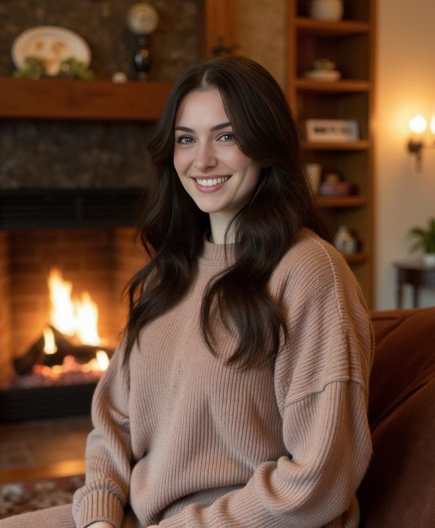 A smiling woman in a mauve knit sweater sits on a couch by a lit fireplace for a cozy home header gallery.
