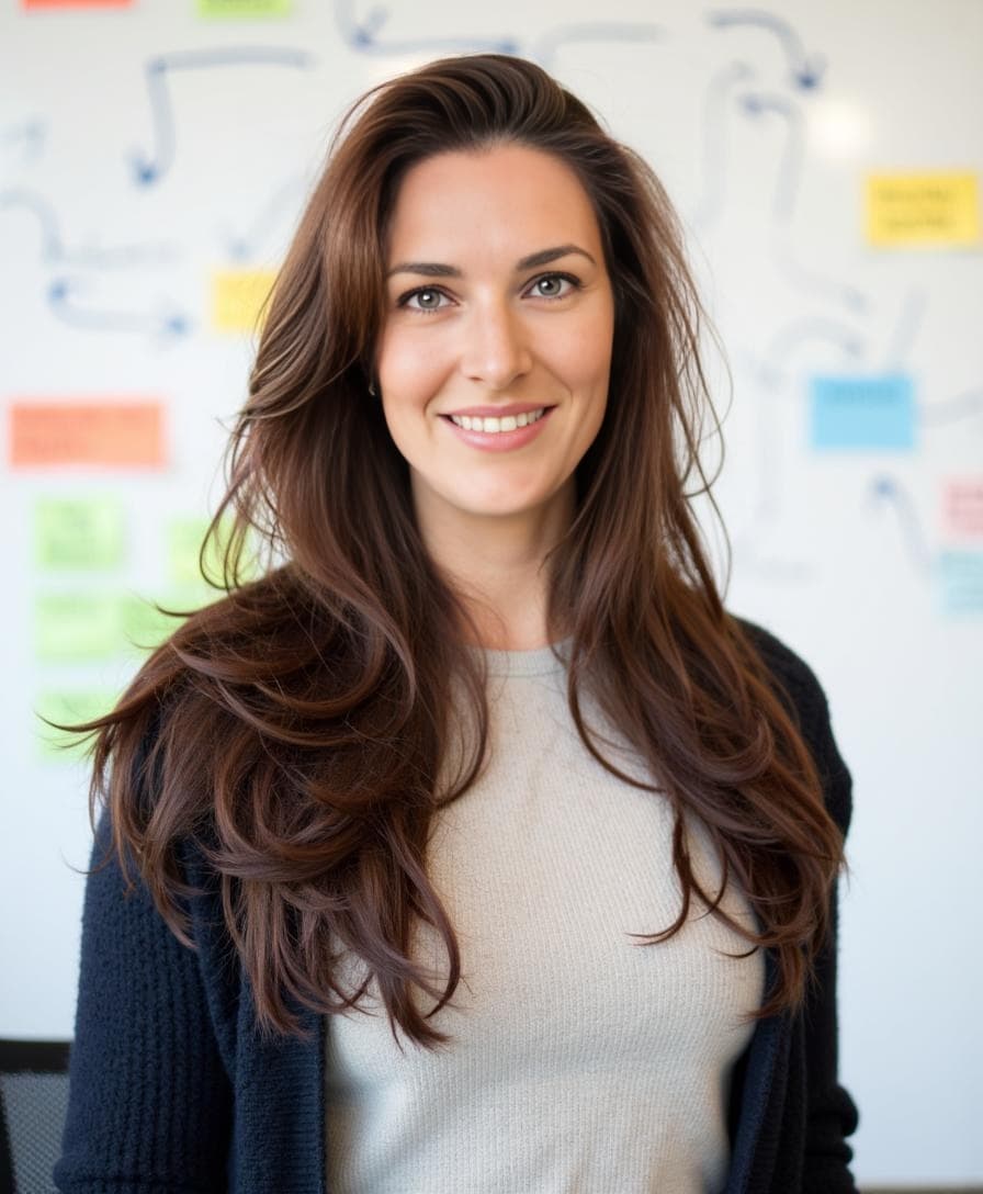 A smiling woman in a gray sweater and navy cardigan stands before sticky-note boards for a startup founder header.