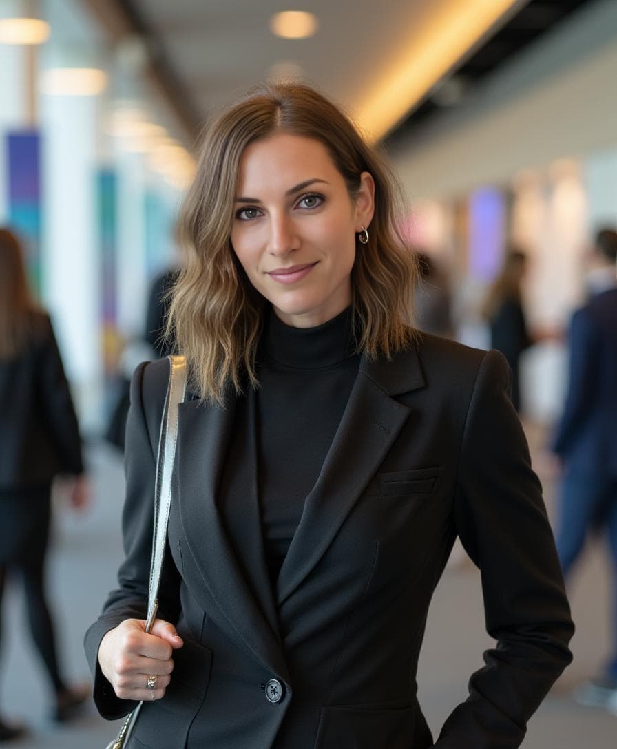 A woman in a black blazer and turtleneck stands in a bright office hallway for a startup founder header gallery.