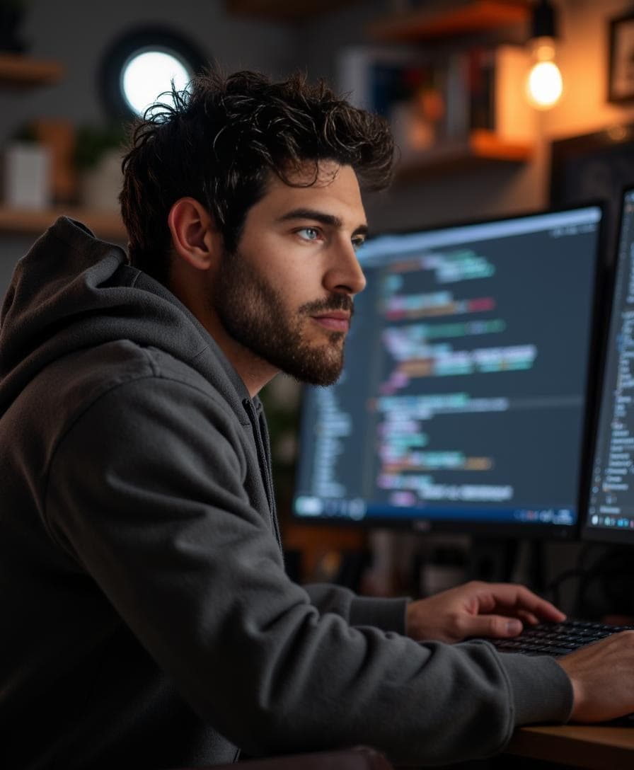 A bearded man in a gray hoodie codes at dual monitors in a dim office for a startup founder header gallery.