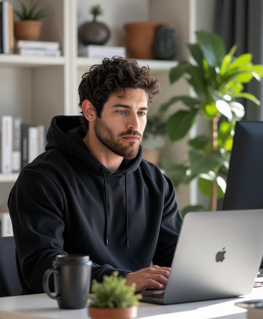 A bearded man in a black hoodie types on a MacBook in a bright home office for a startup founder header.
