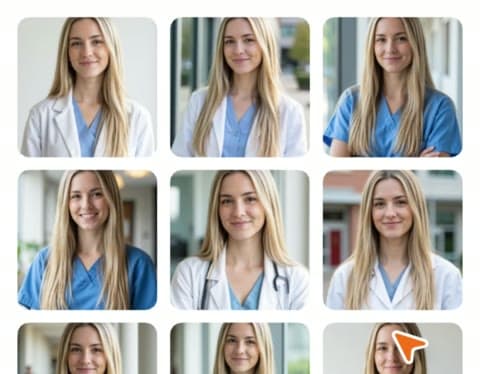 A grid shows a woman in scrubs and a white coat for Aragon's Healthcare Photos style package.