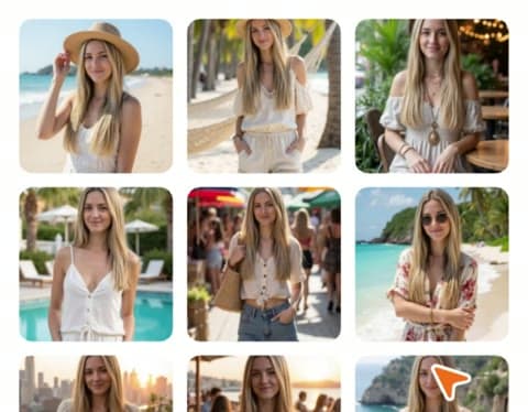 A grid shows a woman at the beach and poolside for Aragon's Summer Photos style package.