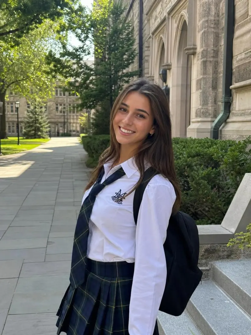 A young woman in a plaid skirt and backpack walks a college campus, before becoming an action figure in the box art.