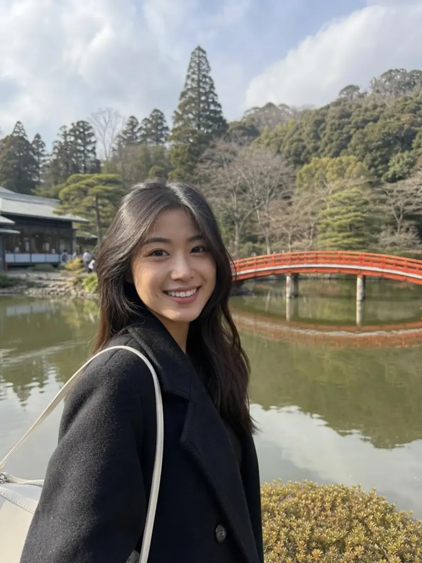 A smiling young woman poses by a lake with a red bridge, before the AI Manga Generator redraws her as a comic character.