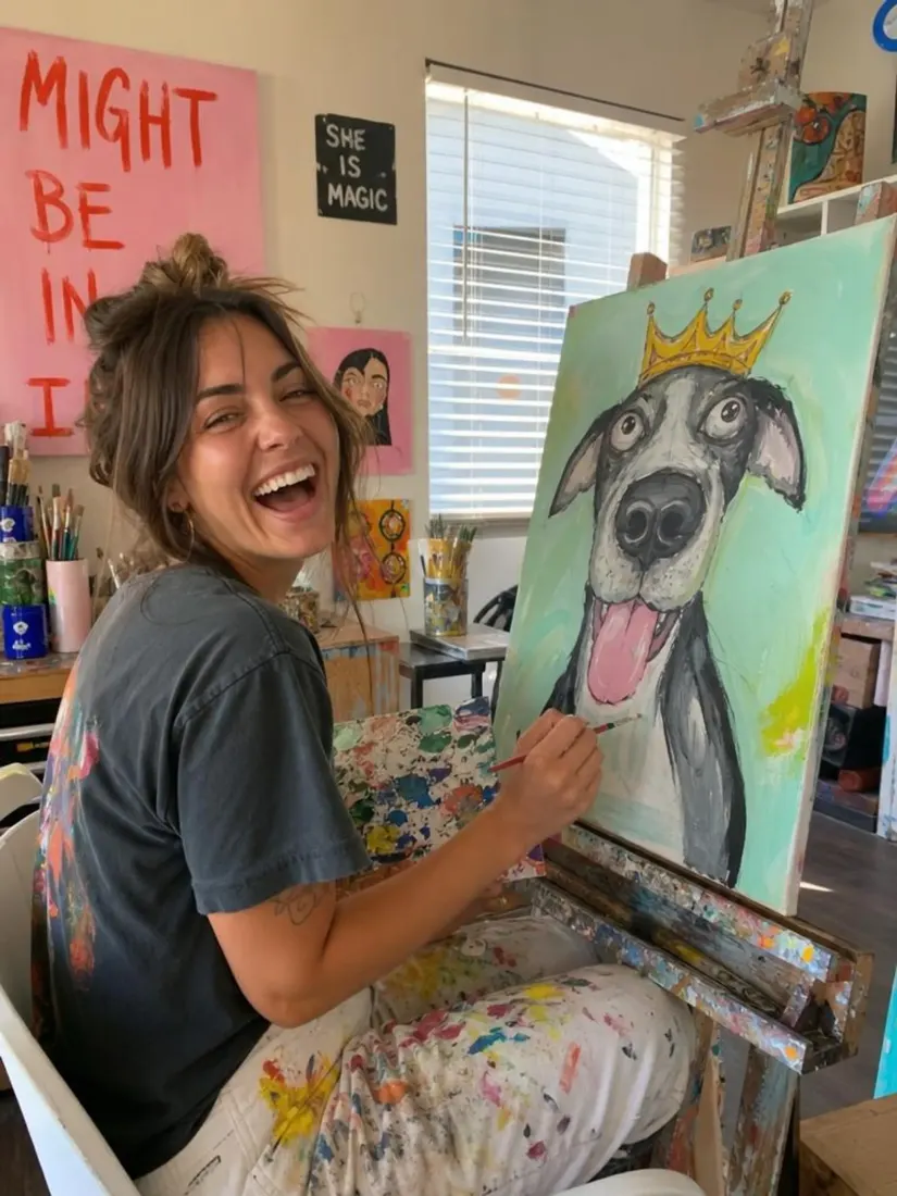 A woman laughs while painting a dog's portrait on canvas in her art studio, before becoming an AI Sticker Generator design.