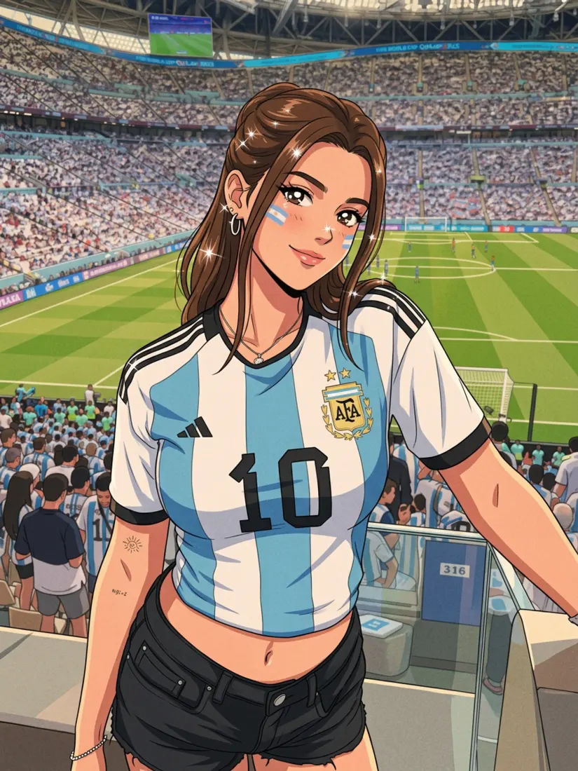 An anime-style illustration shows a woman in an Argentina soccer jersey with face paint, drawn by the Anime Filter tool.