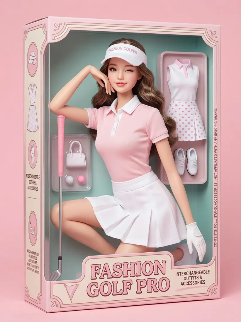 A woman becomes a boxed 'Fashion Golf Pro' collectible doll in a pink polo and visor, styled by the Dream Doll Generator tool.