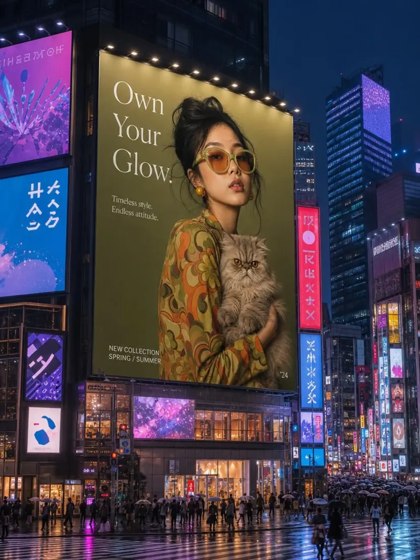 A woman holding a cat is displayed on a glowing night-time city billboard, mocked up by the Billboard Generator tool.