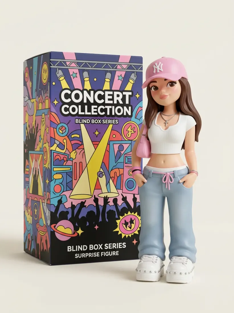 A woman becomes a 'Concert Collection' blind-box figure in a pink cap and crop top, designed by the Blind Box Generator tool.