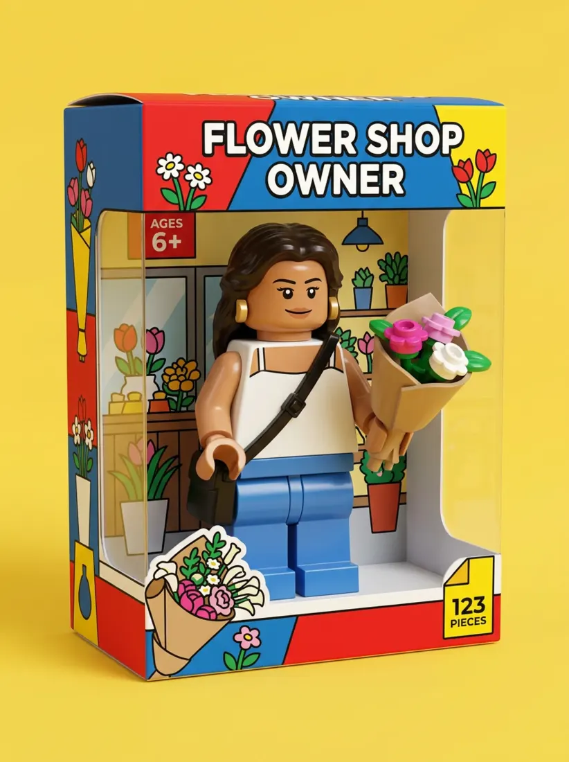 A woman becomes a brick-built 'Flower Shop Owner' minifigure holding a bouquet, made with the Block Toy Generator tool.