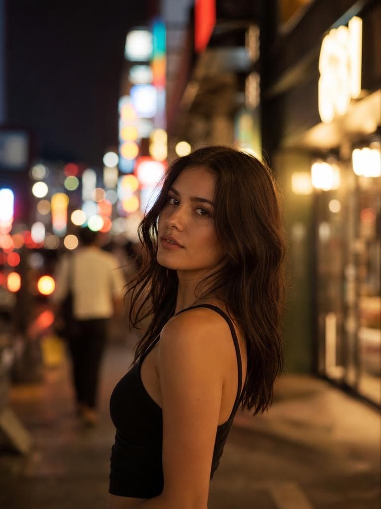 A woman glances back on a neon-lit city street, its lights blurred into soft bokeh by the Bokeh Effect tool.
