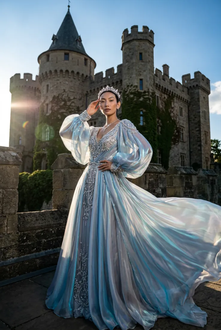 A woman in a flowing blue fantasy gown stands before a stone castle tower, created by the Castle Editorial tool.