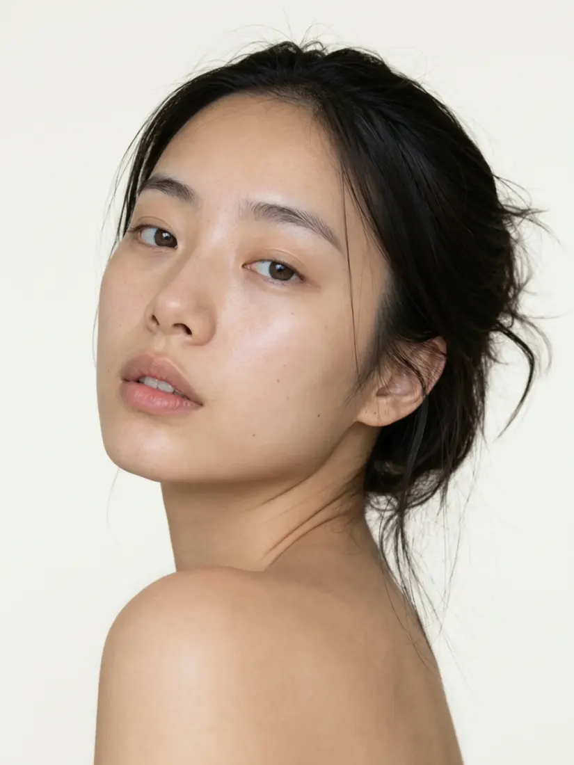A close-up of a woman with bare skin and no makeup, before the Creative Makeup Filter adds the look.