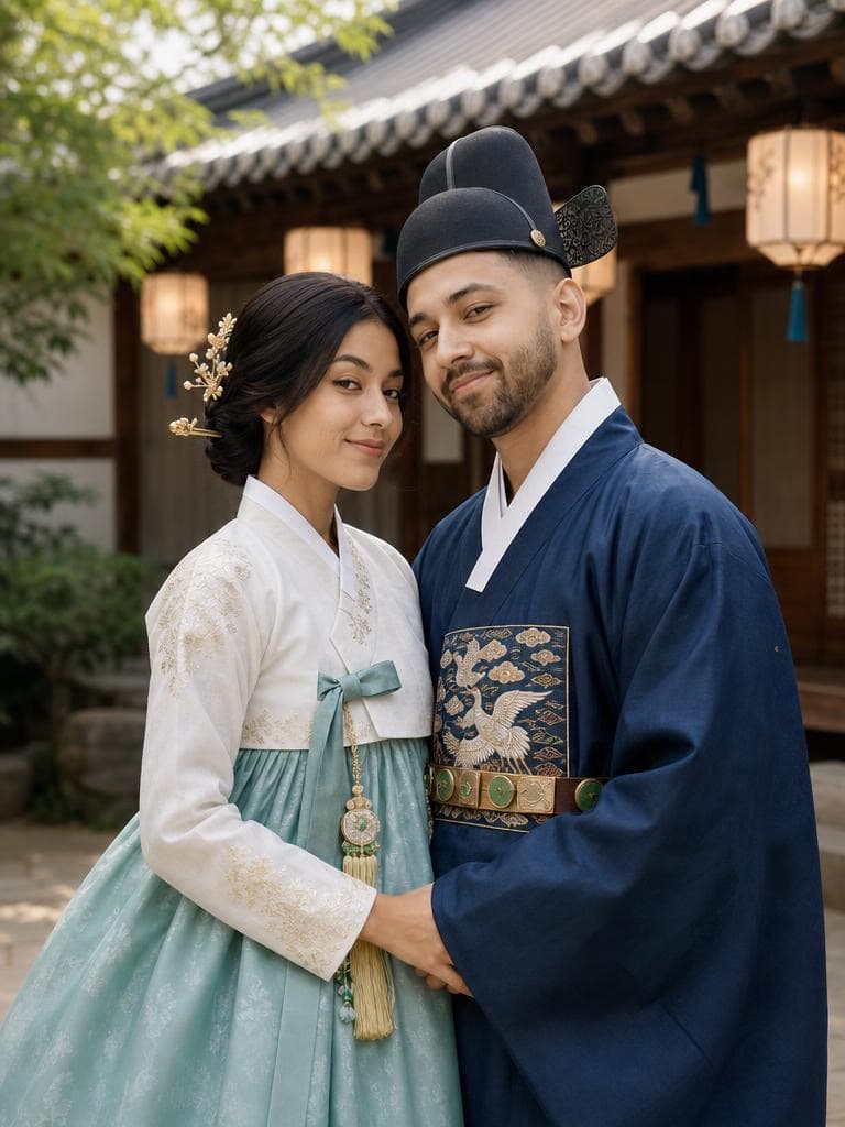 A couple wears traditional navy and white Korean hanbok wedding attire, styled by the Cultural Wedding Filter tool.