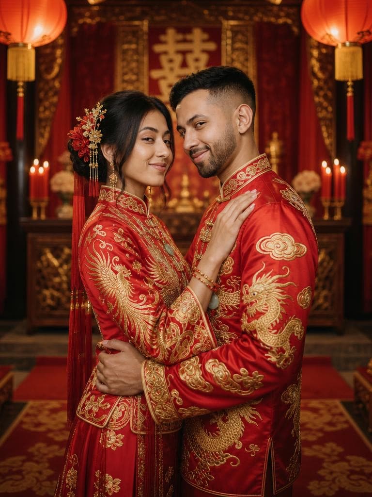A couple embraces in ornate red and gold traditional Chinese wedding attire, created by the Cultural Wedding Filter tool.