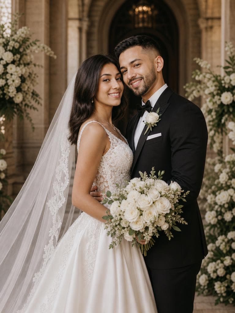 A couple in a lace wedding gown with a veil and a black tuxedo hold a white bouquet under a stone arch with floral arrangements, styled by the Cultural Wedding Filter tool.