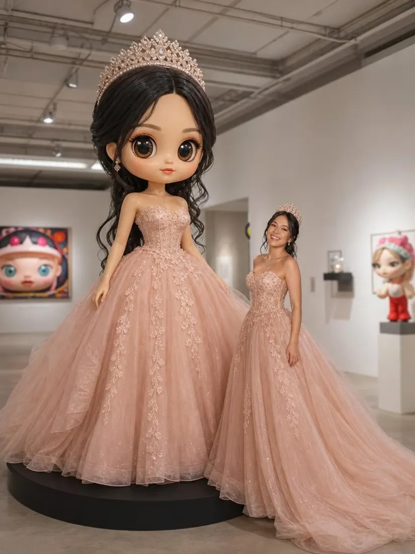 A woman in a pink ballgown and tiara becomes a giant collectible doll on display, created by the Custom Giant Doll Filter tool.