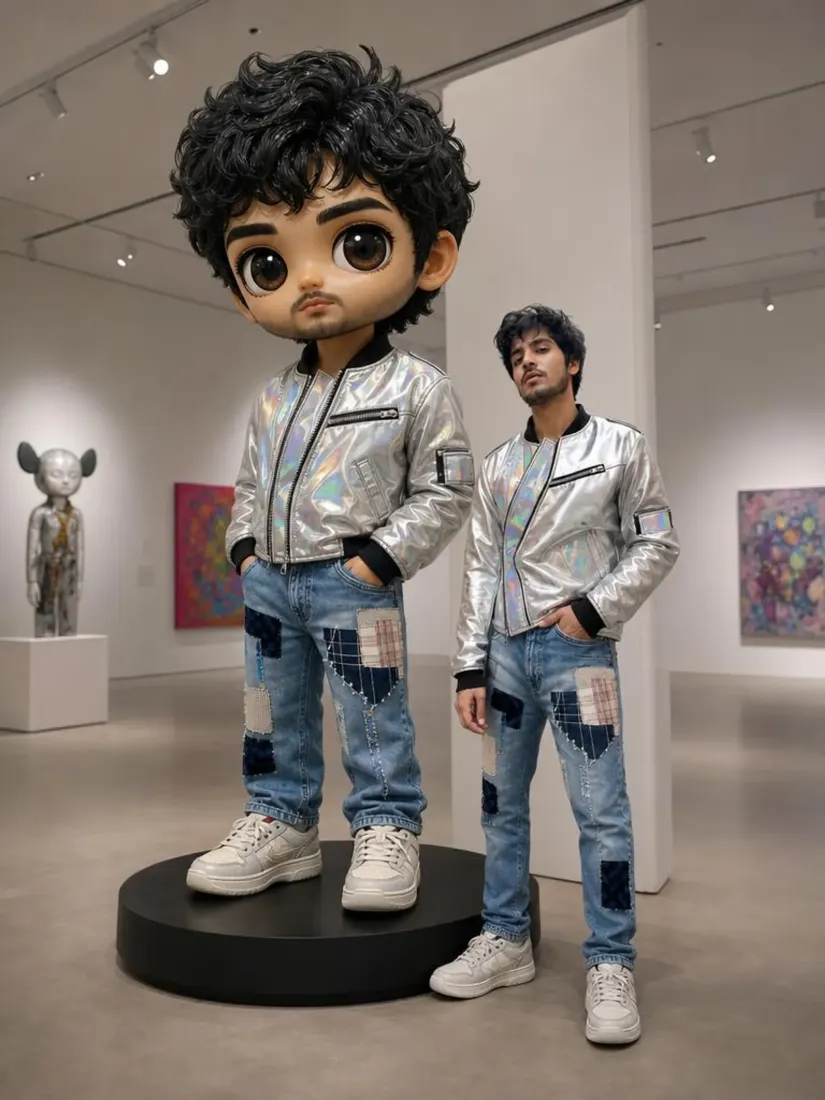 A giant big-eyed doll of a man in a silver bomber and patched jeans stands beside the real man in a gallery, styled by the Custom Giant Doll Filter tool.