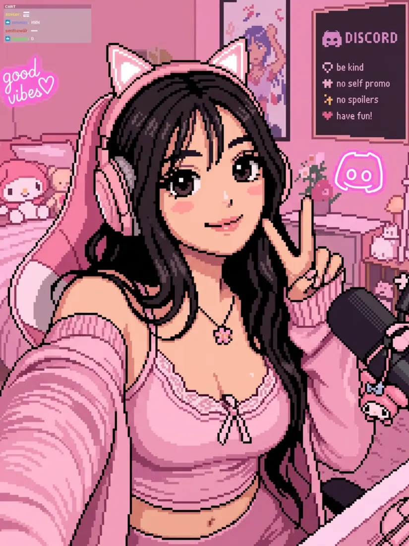 A pixel-art illustration shows a woman with cat-ear headphones in a pink streaming room, made by the 8-Bit Art Generator tool.