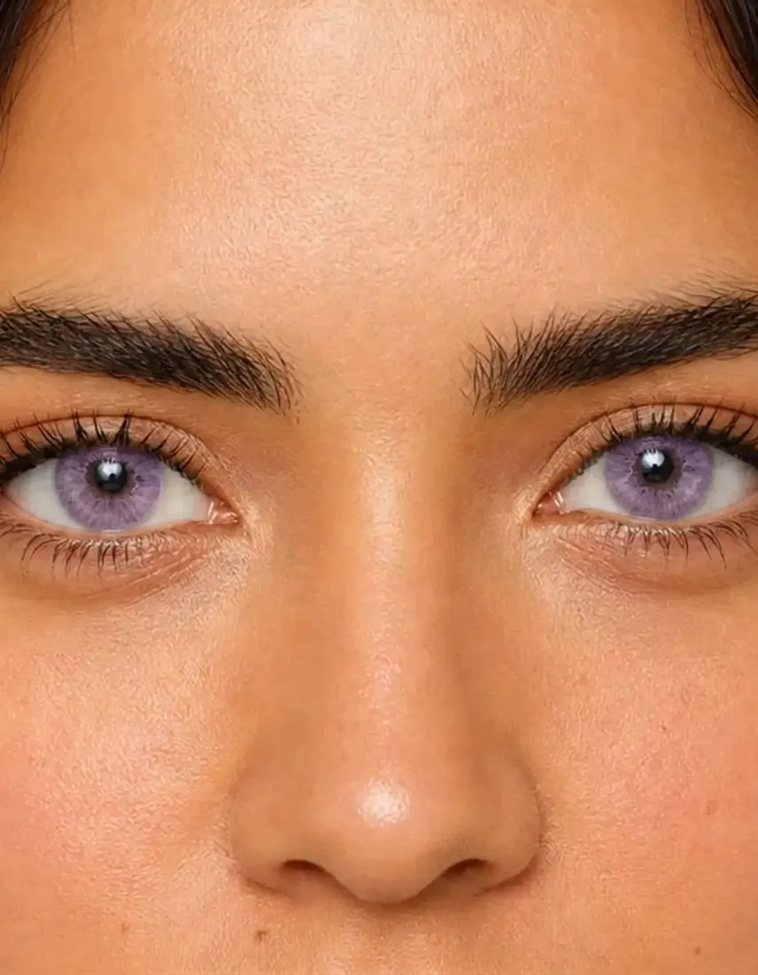 An extreme close-up shows eyes recolored to a light violet shade by the Eye Color Changer tool.