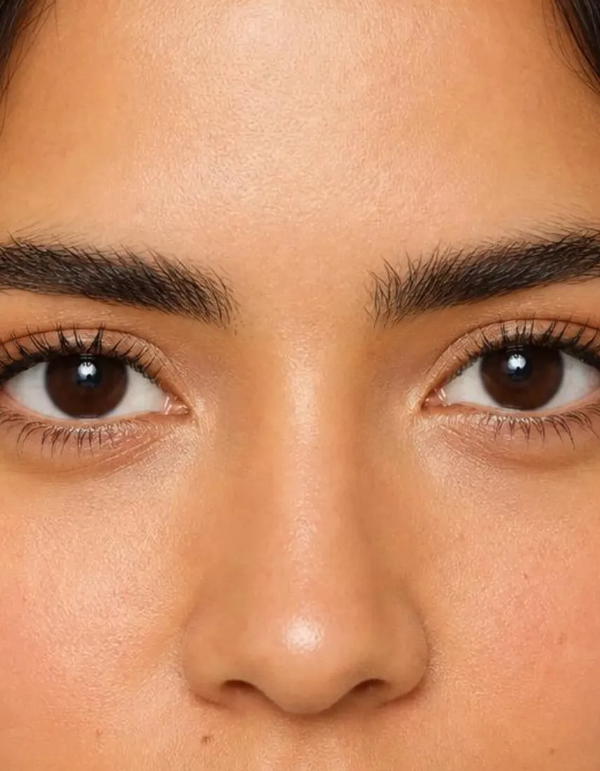 A close-up of dark brown eyes, before the Eye Color Changer shifts the color.