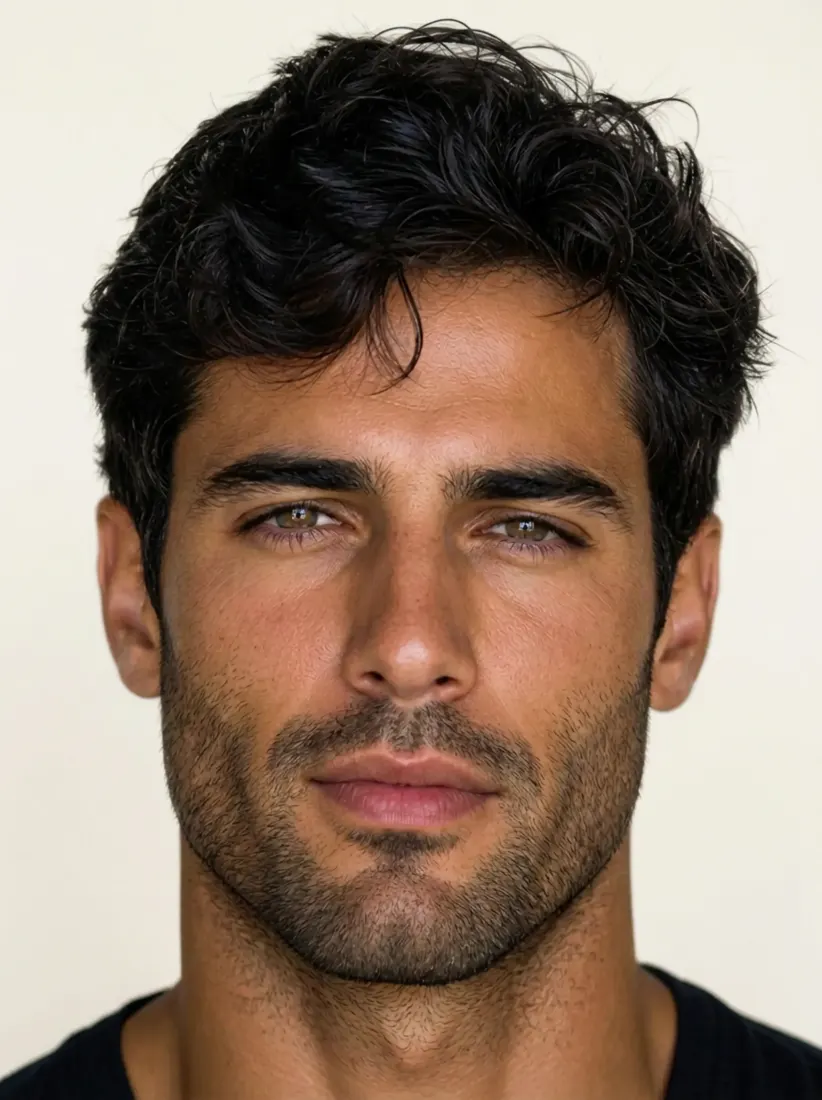A man's face now shows light stubble, a style preview generated by the Facial Hair Editor tool.