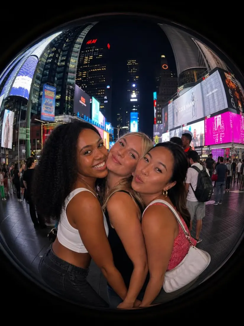 Three women take a Times Square selfie warped into a curved fisheye effect by the Fisheye Lens Filter tool.