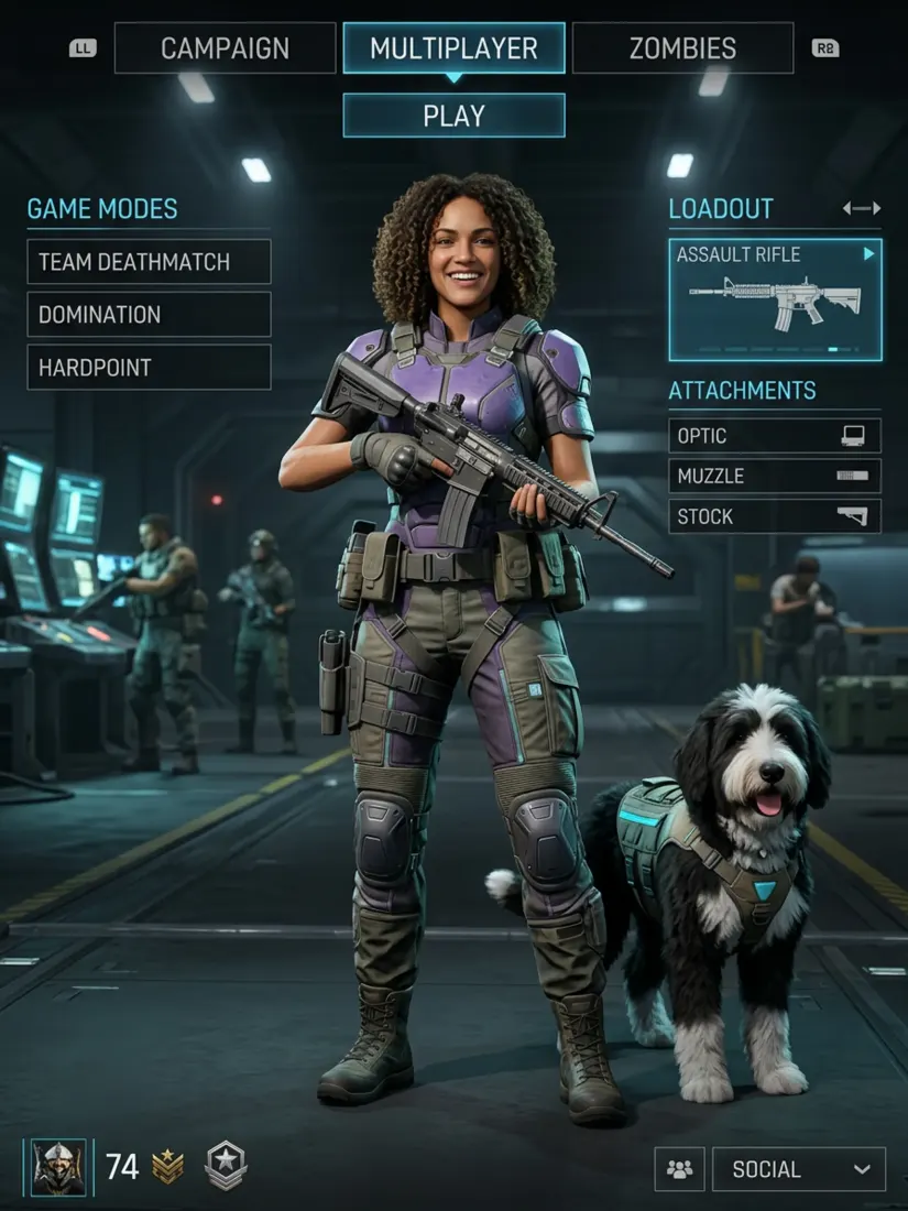 A woman becomes an armed soldier avatar with a dog companion on a game lobby screen, built by the FPS Lobby Generator tool.