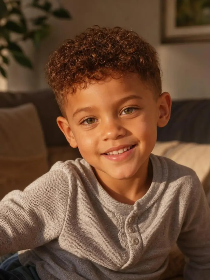 Another curly-haired young boy smiles on a couch, a second AI-predicted future baby from the Future Baby Generator tool.