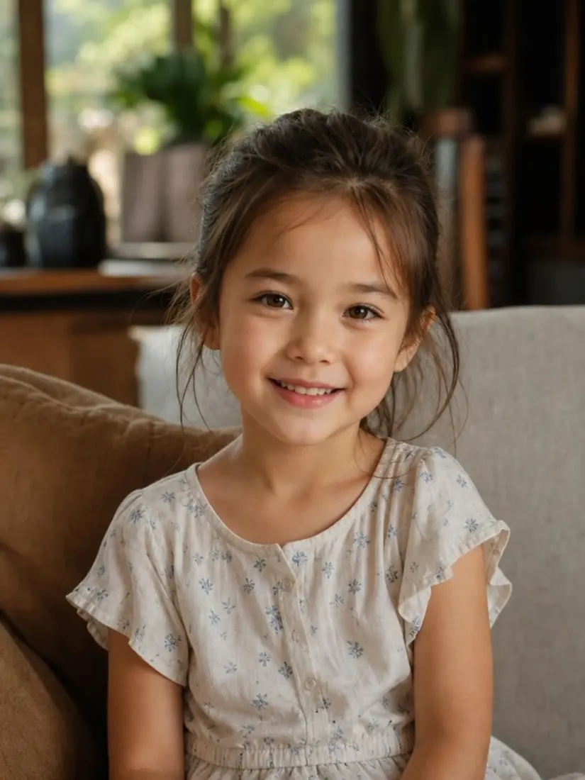 A smiling young girl in a floral dress sits on a sofa, generated by the Future Baby Generator tool.