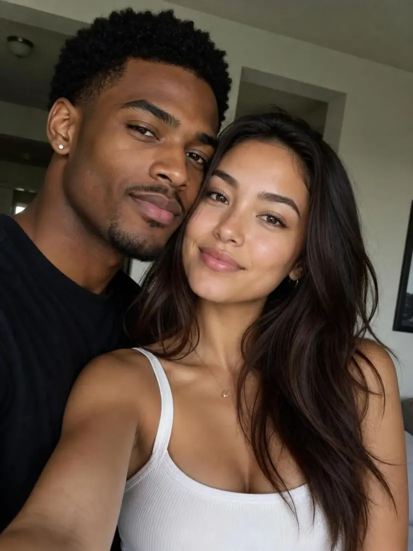 A couple takes a close selfie together, the parents whose features the Future Baby Generator combines into a child.